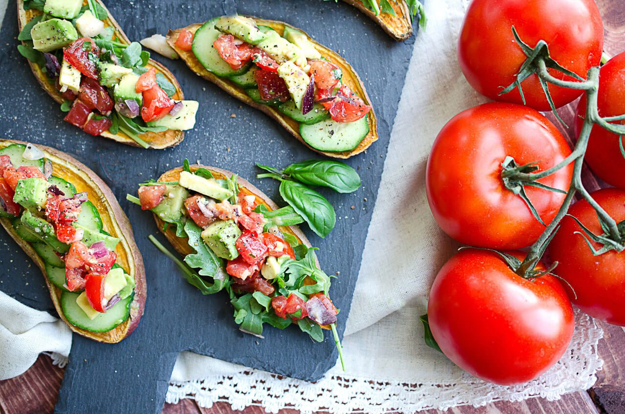 Sweet Potato Bruschetta with Avocado-Tomato Topping