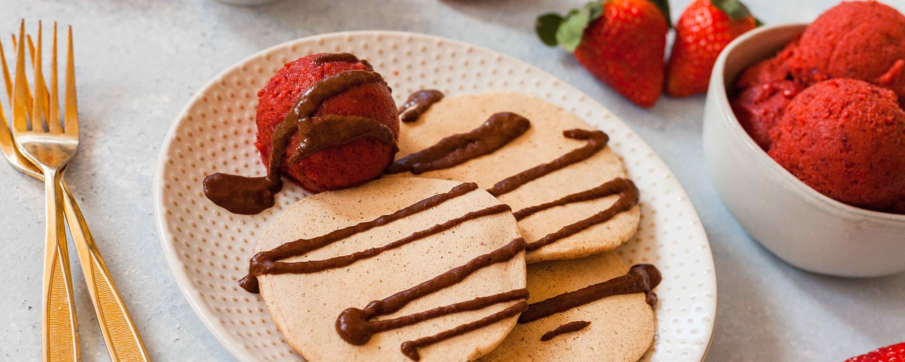 Vanilla Pancakes with Strawberry-Cherry Ice Cream and Warm Chocolate Sauce