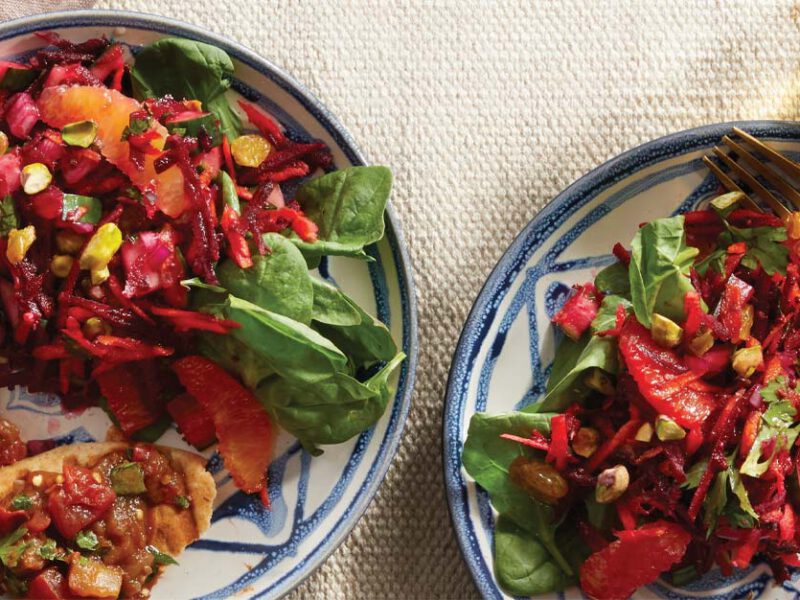 Moroccan Carrot-Beet Salad on blue and white ceramic plates