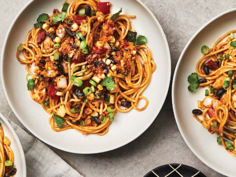 Southwest Spaghetti Casserole on white plates