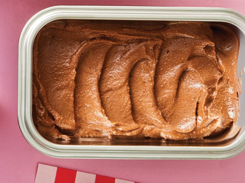 Dark Chocolate Almond Nice Cream against a pink background