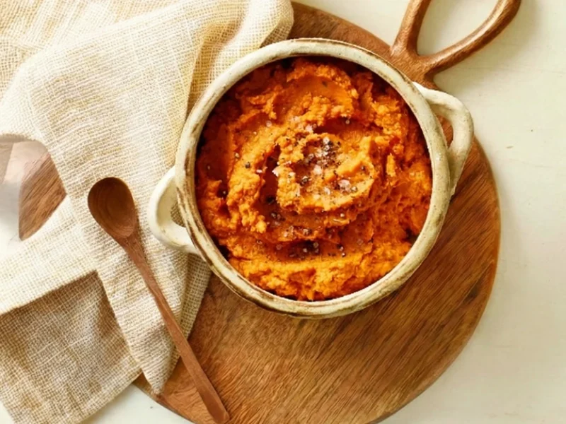 Harissa Hummus in a handmade ceramic bowl with a wooden spoon and beige tea towel to the side