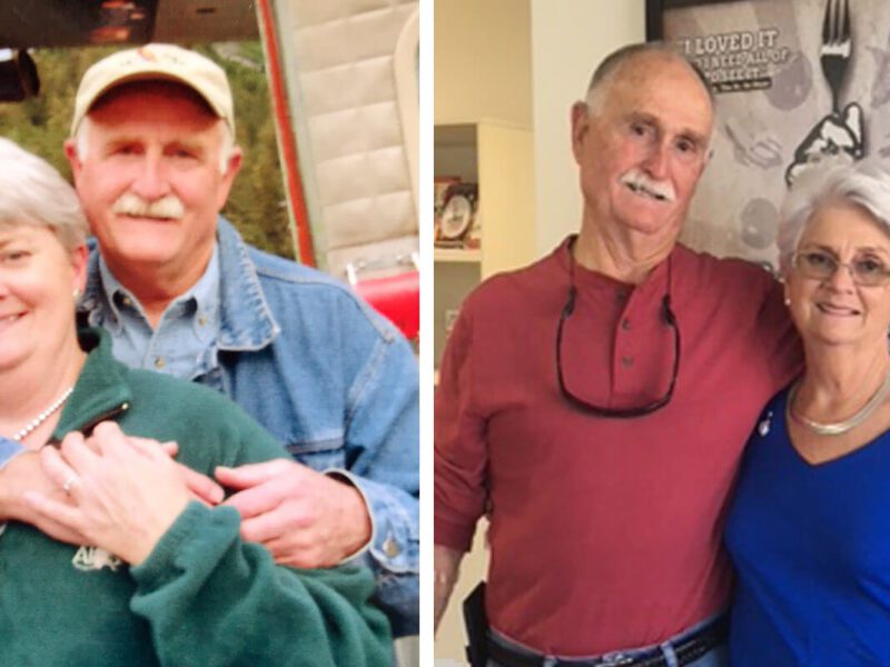 Betty and Don Taylor standing arm in arm. in the right photo the Taylors have lost weight and are standing in front of the Forks Over Knives movie poster